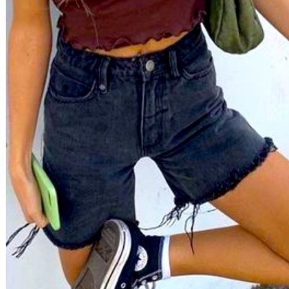 Free People Black High-Waist Frayed Denim Bermuda Shorts